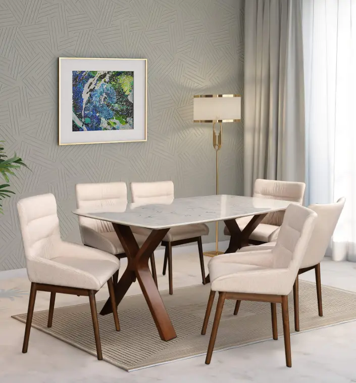 Marble Top Six Seater Dining Table in Beige Colour