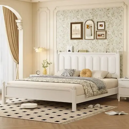 Teak Wood Bed – Pearl White